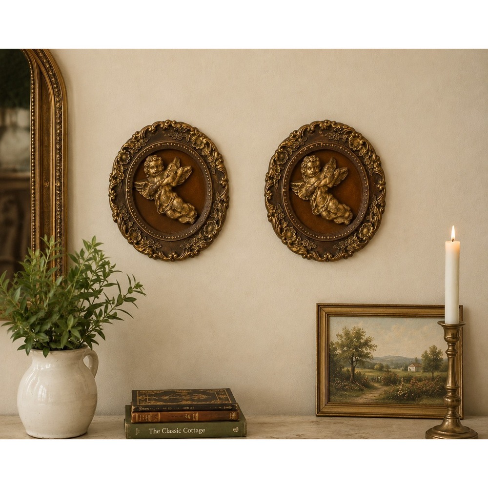 VTG Set‎ 2 Cherub Wall Plaques Set Gold Gilt Baroque Rococo Hanging Decor Velvet